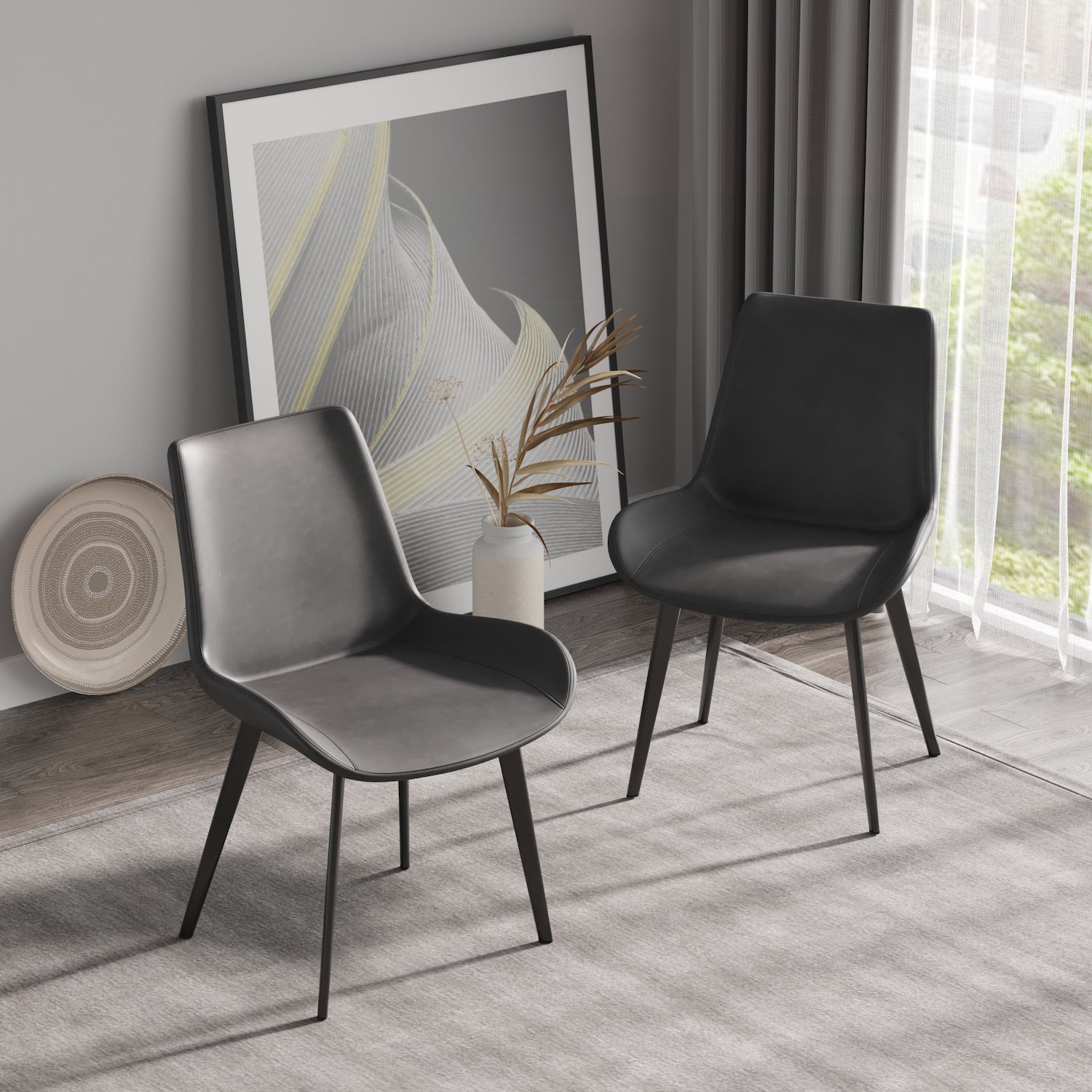 Contemporary Leather Dining Chairs with Dark Metal Legs