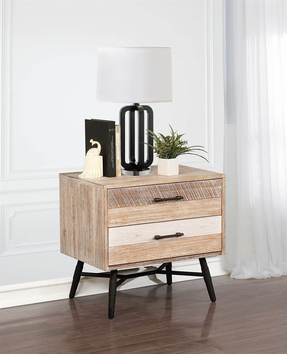 Natural wood store and black nightstand