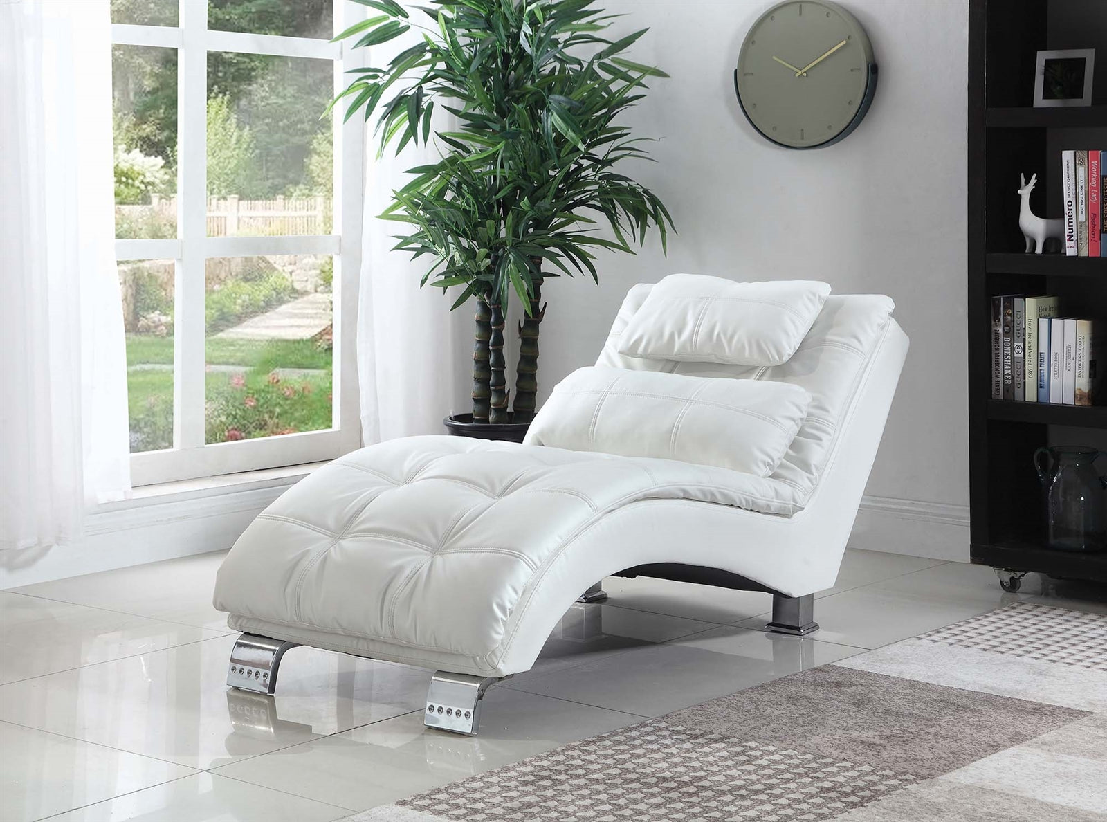 Modern White Leatherette Chaise Lounge with Pillow Top Seating