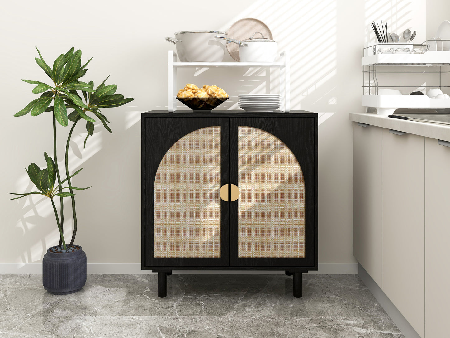 Rune Mid-Century Modern Cabinet with Rattan Doors, Black