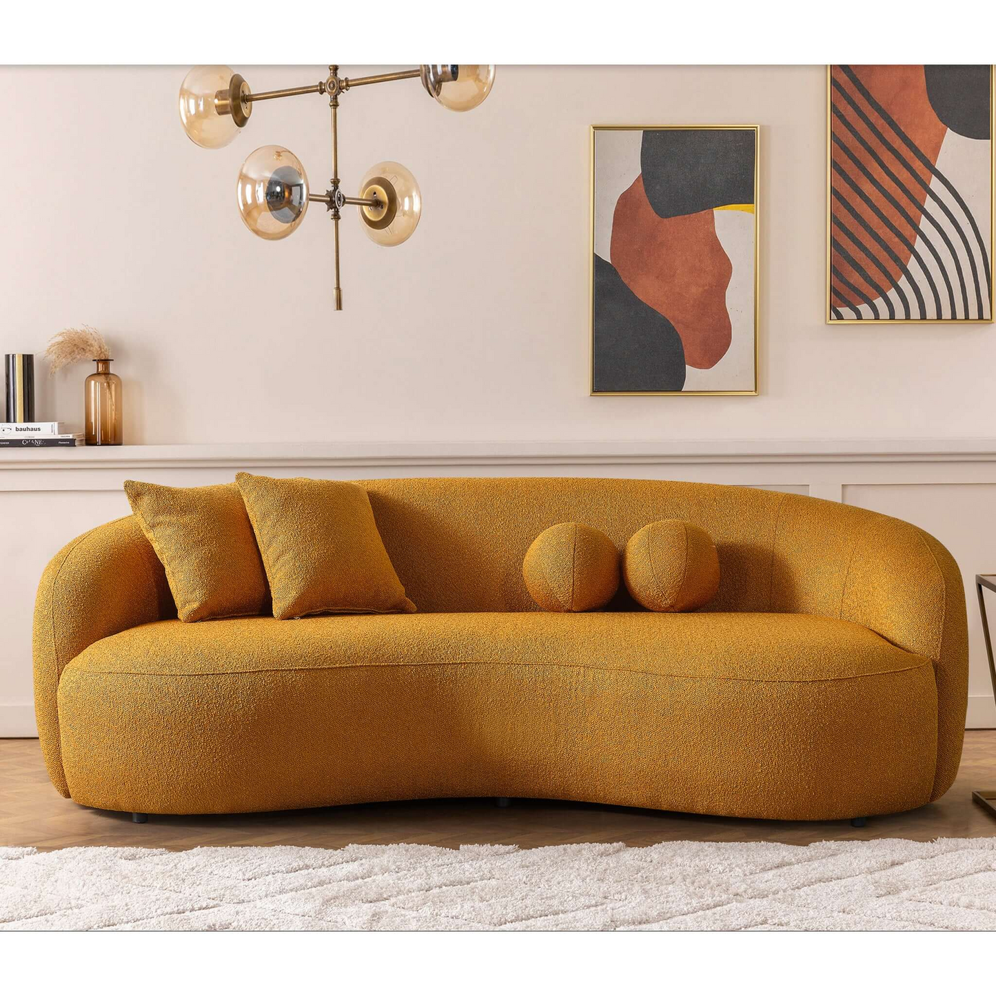 Drake Japandi Style Curvy Boucle Sofa, Yellow