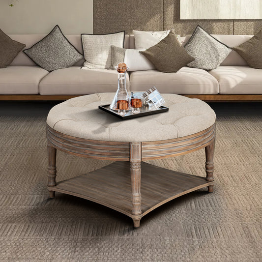 Hartford Large Round 2-Tier Ottoman Coffee Table with Tufted Linen Top