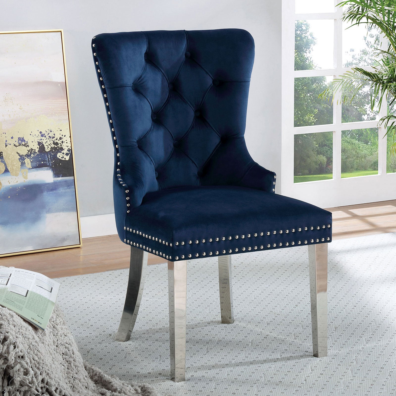 Emma Velvet Wingback Chairs with Mirrored Silver Legs Set of 2 , Blue