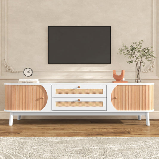 Victor Mid-Century Modern TV Stand with Rattan - White & Natural