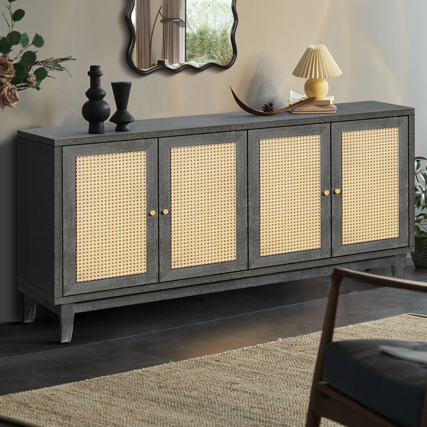 Bastian Mid-Century Modern Sideboard with Rattan Doors, Dark Gray