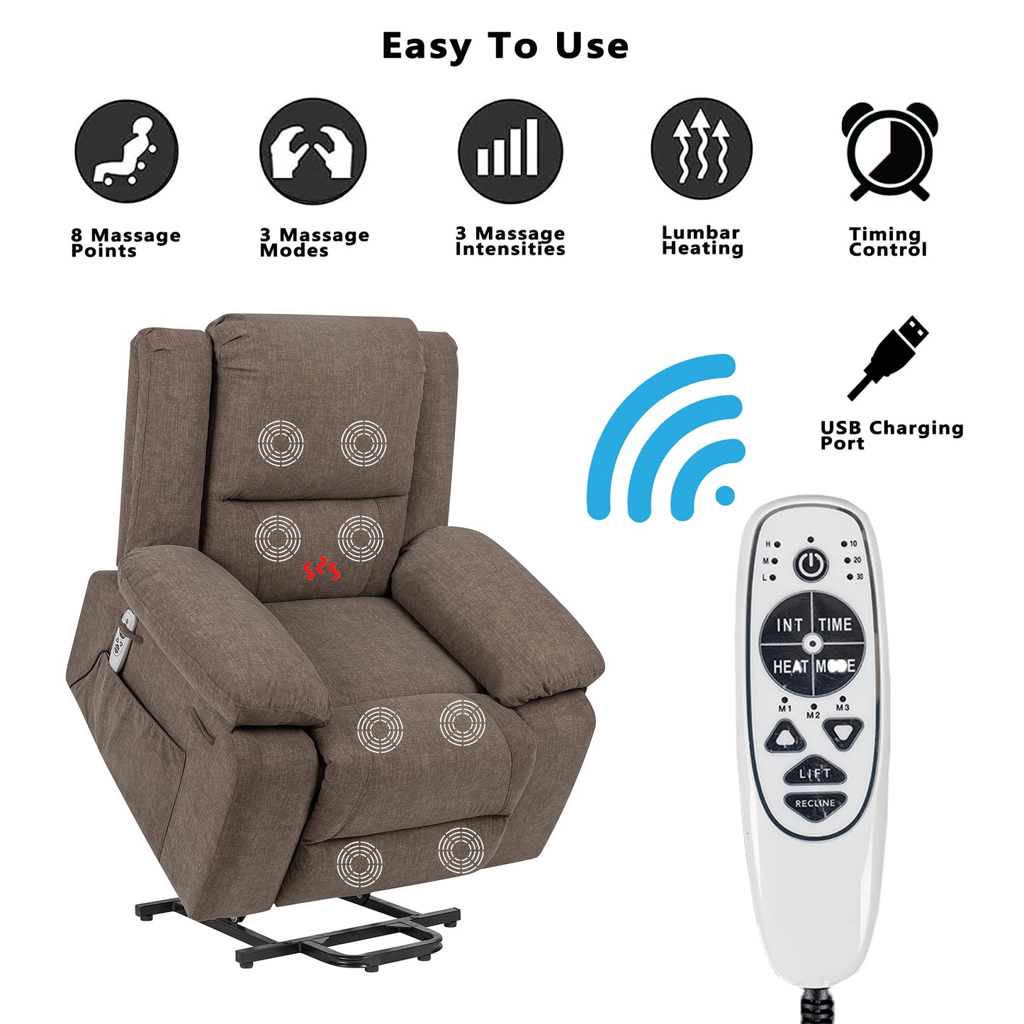 Elgen Power Lift Recliner with Massage & Heat, Brown