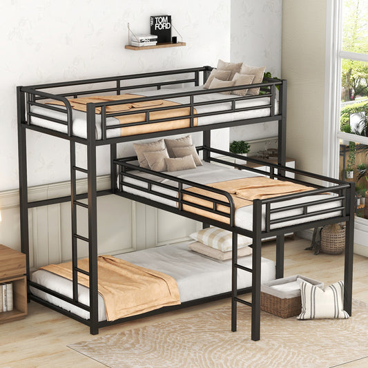 Brooks L-shaped Metal Triple Twin Size Bunk Bed, Black