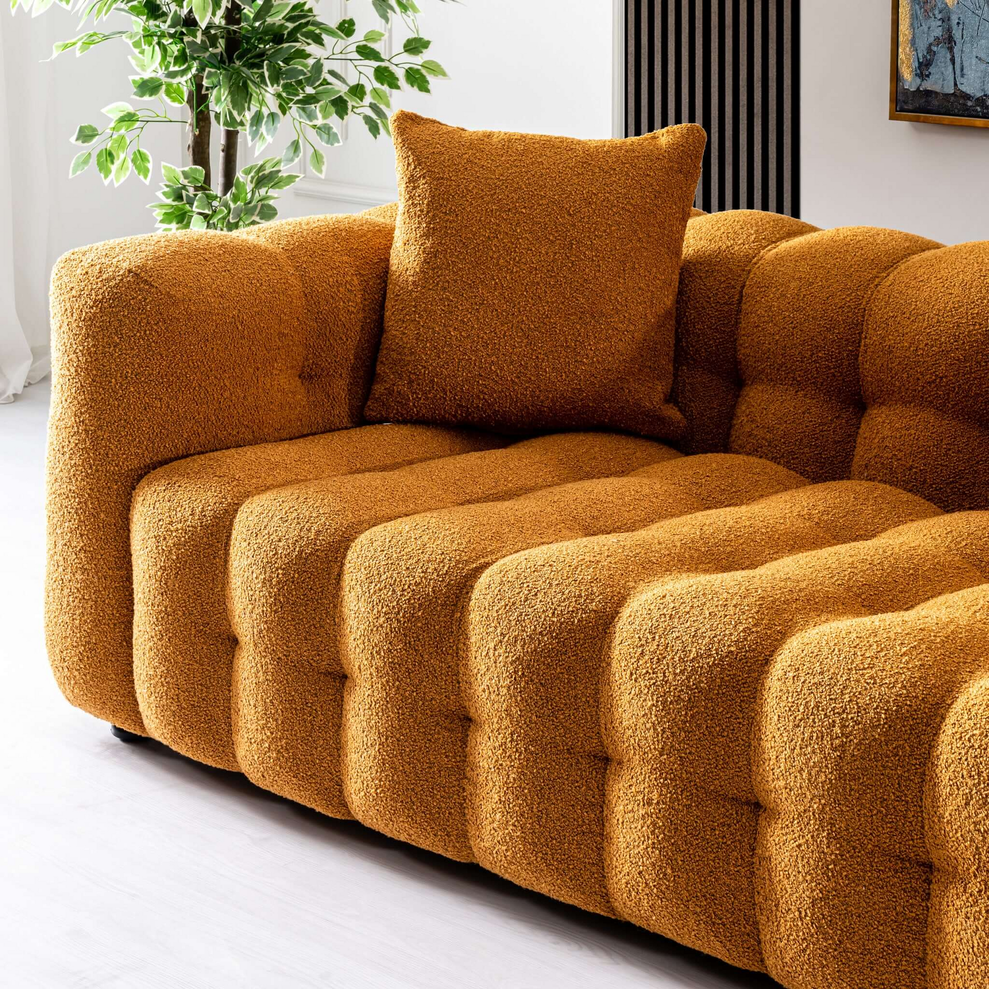 Eden Modern Cube Tufted Boucle Chesterfield, Orange