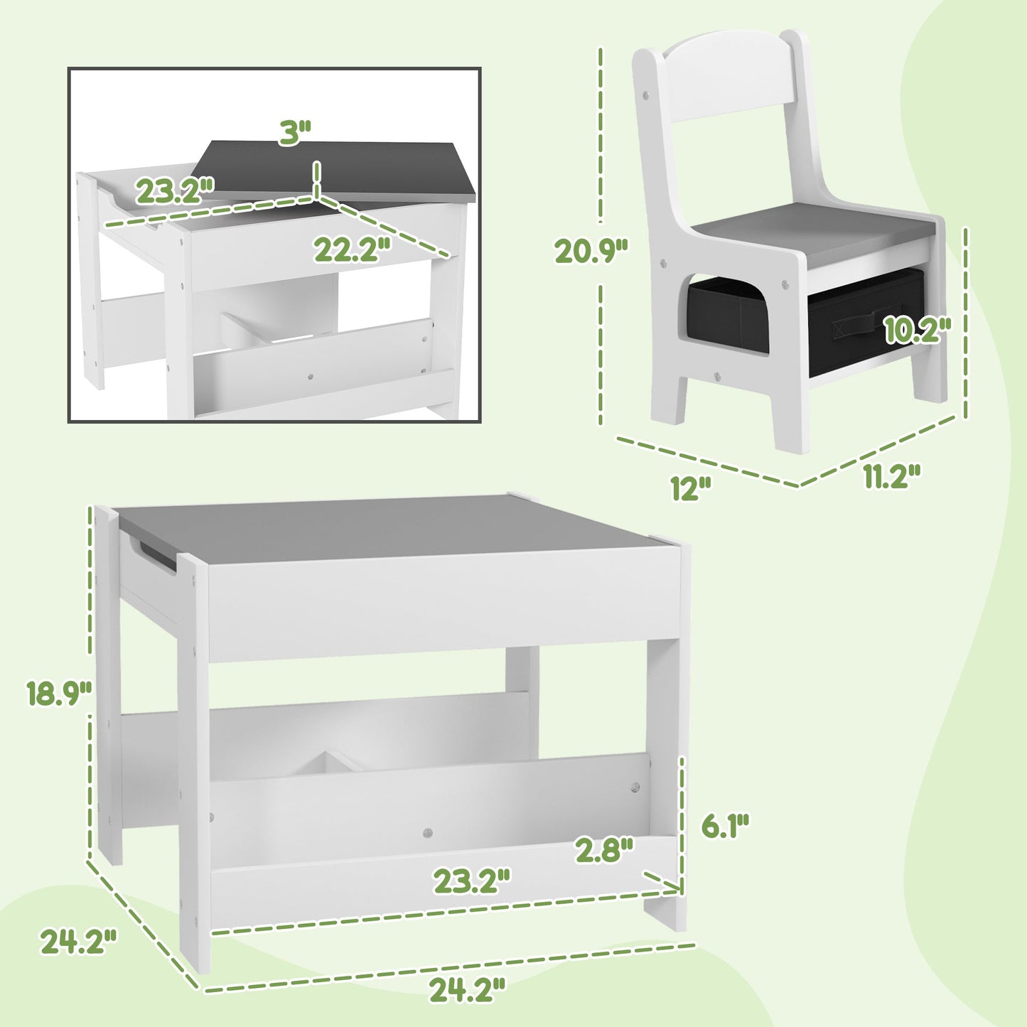 Jason 3 Piece Kids Table and Chair Set with Reversible Blackboard Top, White