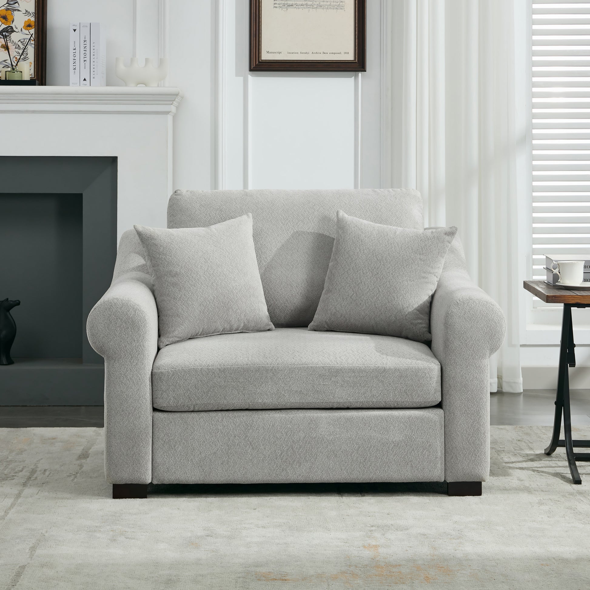 Una Modern Oversized Chenille Armchair with Pillows, Light Gray