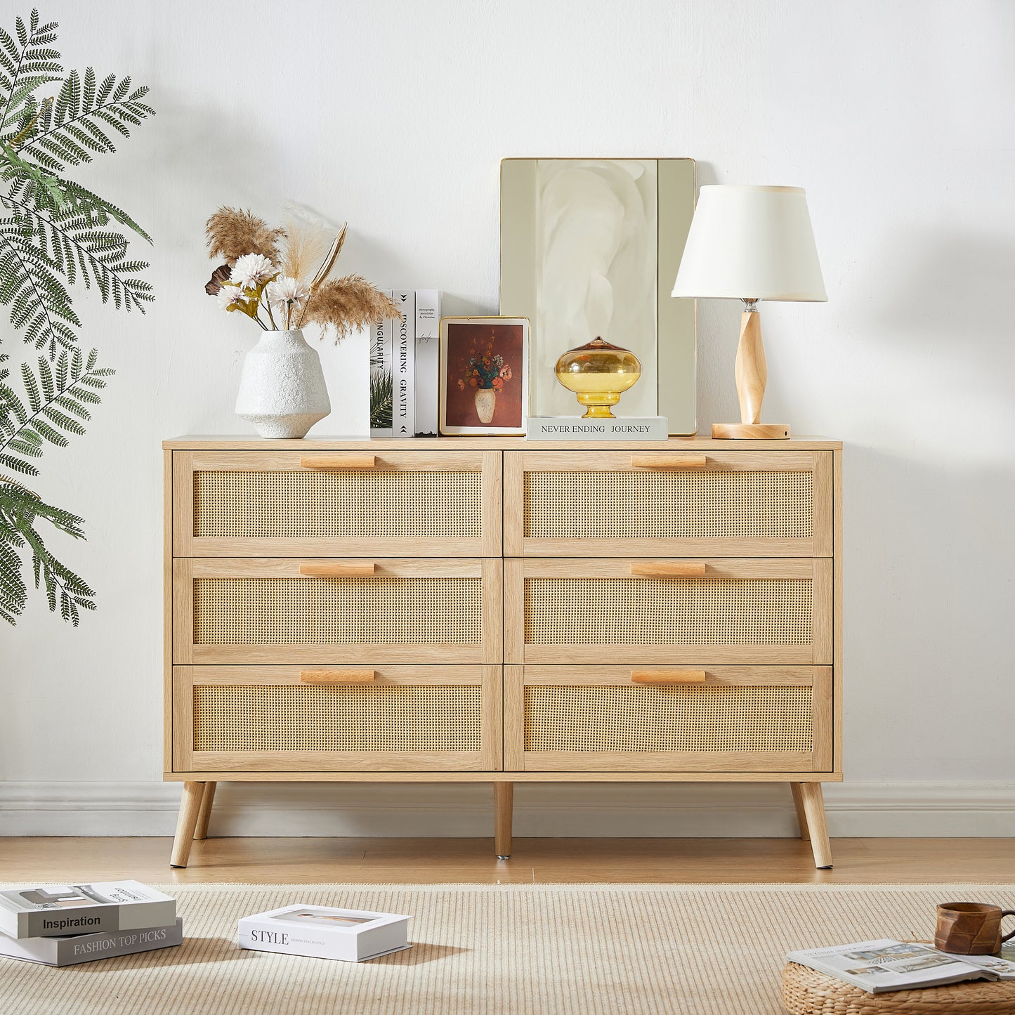 Bart Mid-Century Modern 6-Drawer Dresser with Rattan Drawers