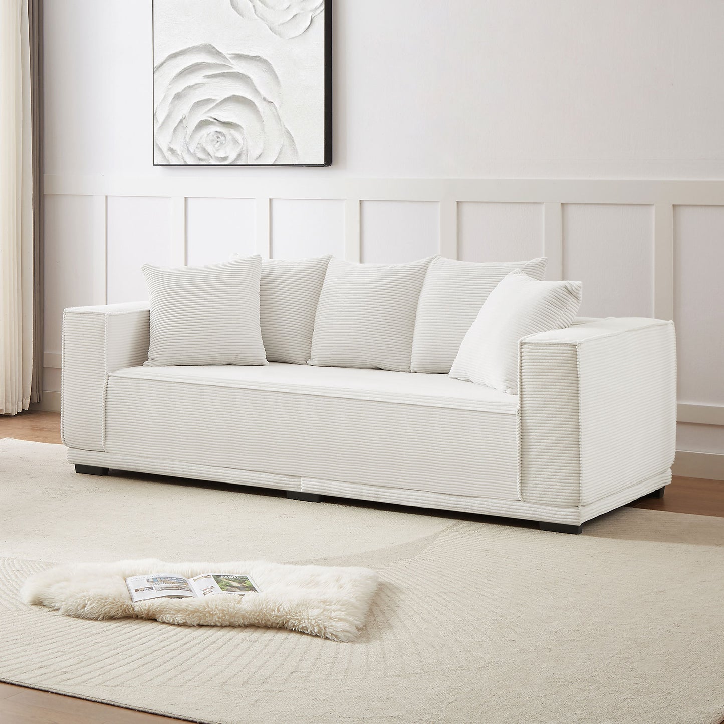 Magnus 88.97inch Corduroy Sofa with 5 Matching Toss Pillows, Off White