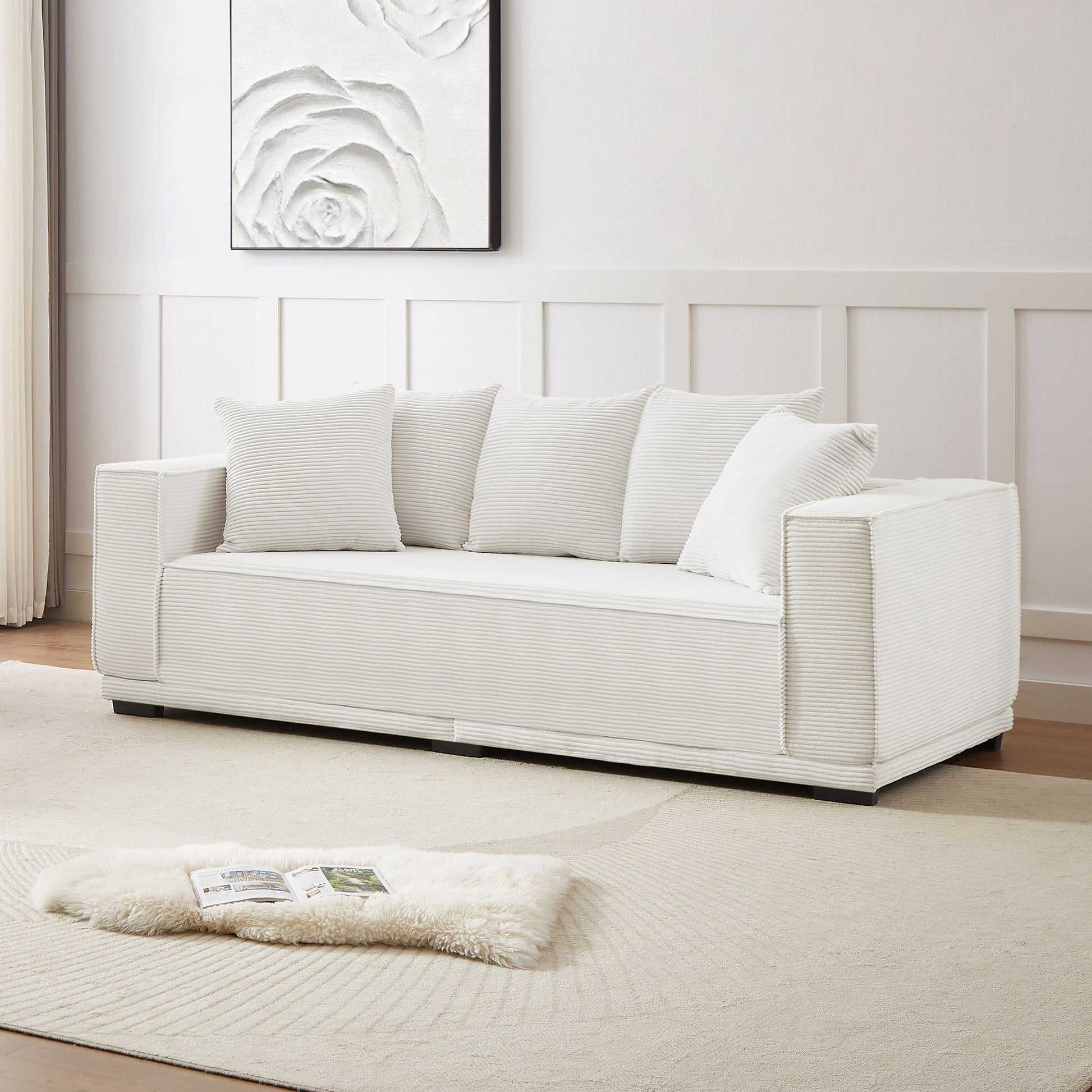 Magnus 88.97inch Corduroy Sofa with 5 Matching Toss Pillows, Off White