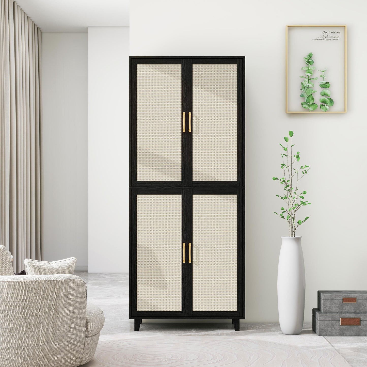 Owen 4-Door Cabinet in Black with Natural Rattan Fronts