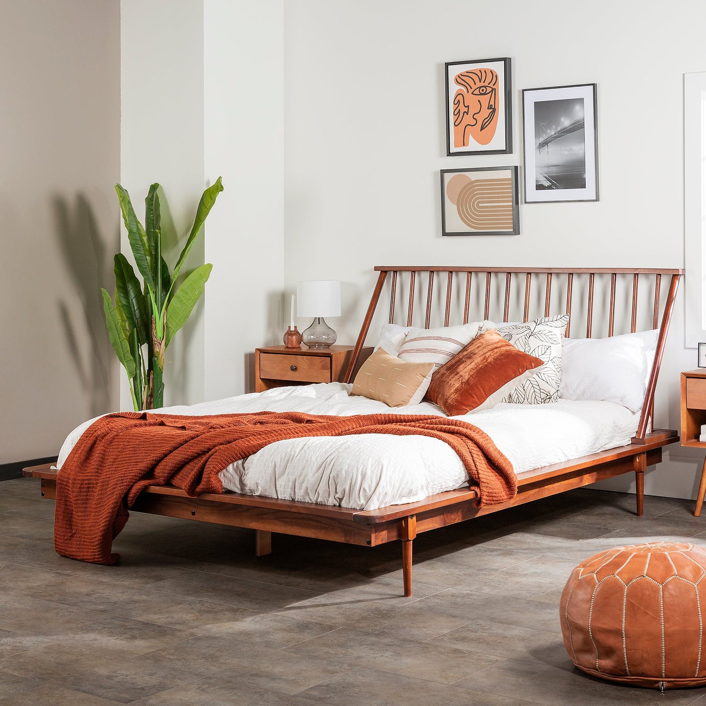 Morgan Mid-Century Modern Solid Wood Queen Platform Bed Frame with Spindle Headboard - Walnut