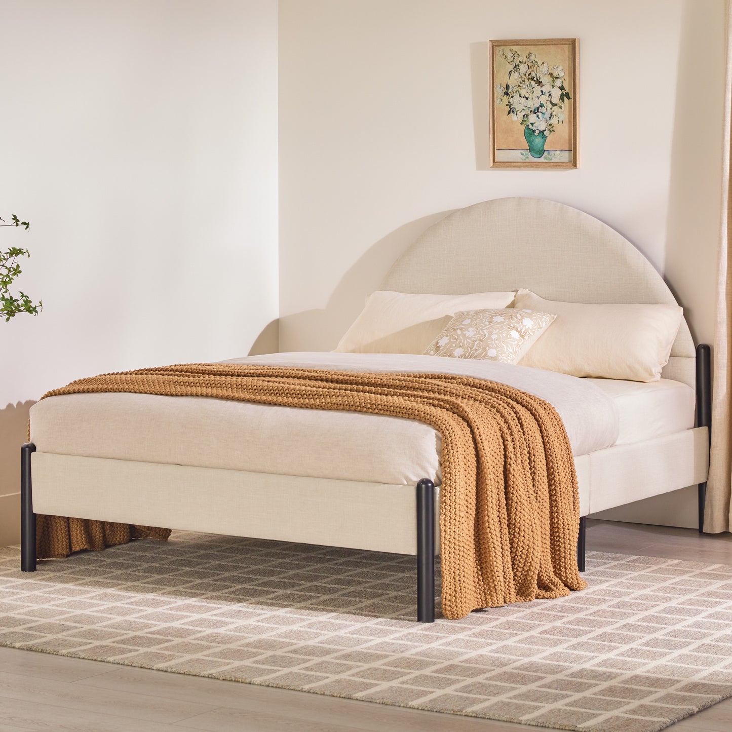 Alina Modern Upholstered Curved Headboard Queen Bedframe – Oatmeal