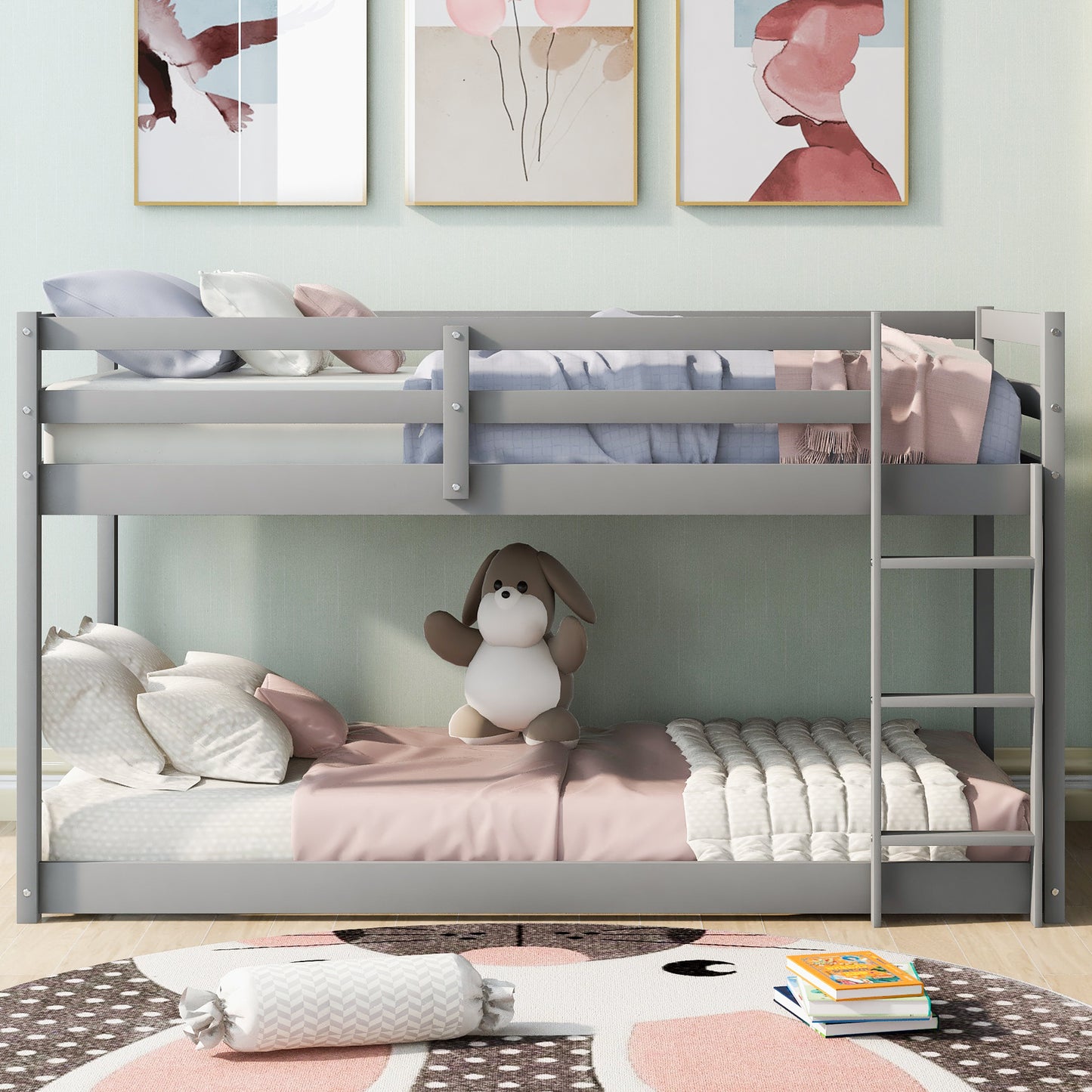 William Twin over Twin Floor Bunk Bed with Ladder , Gray