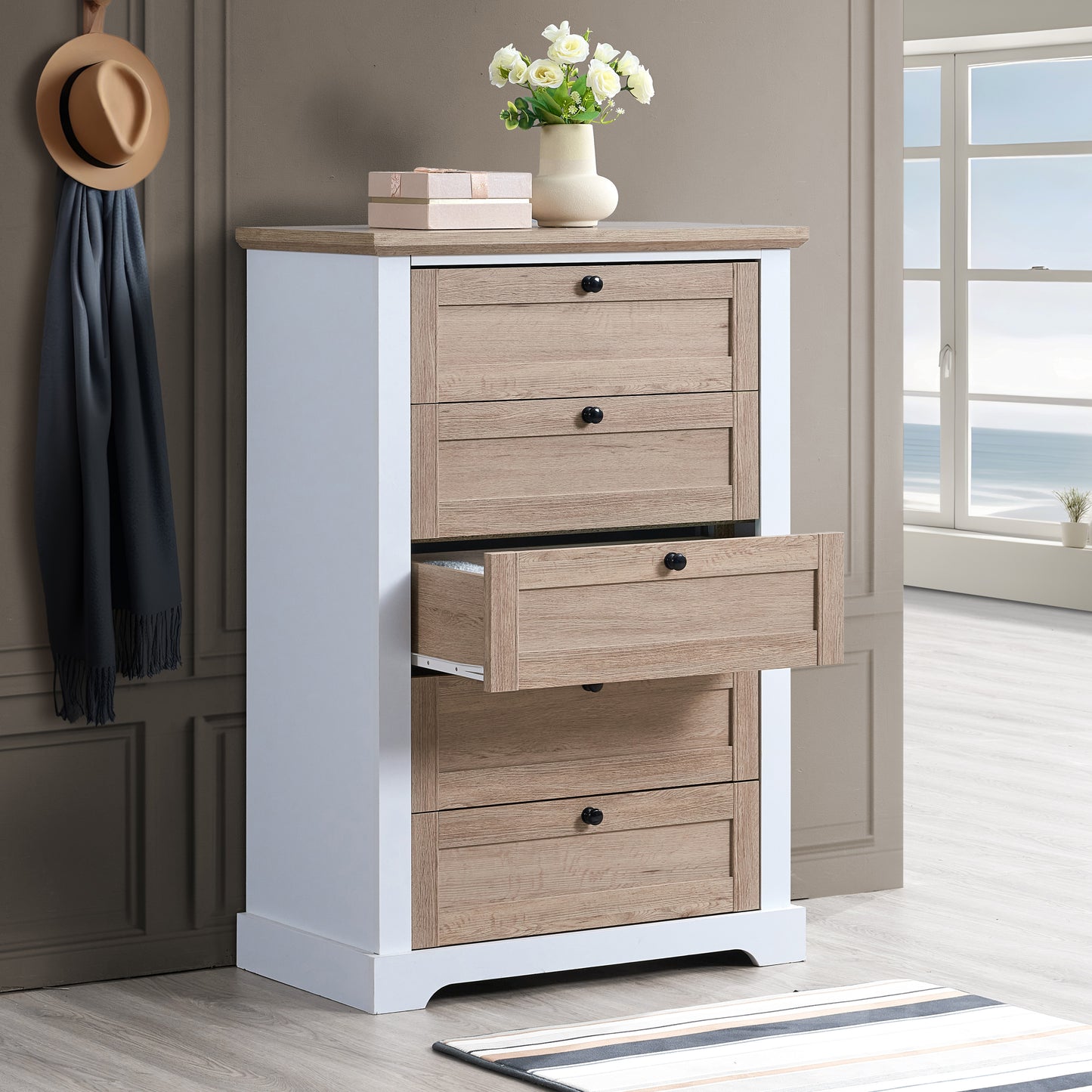 Kinsley Modern 5-Drawer Chest, White & Natural