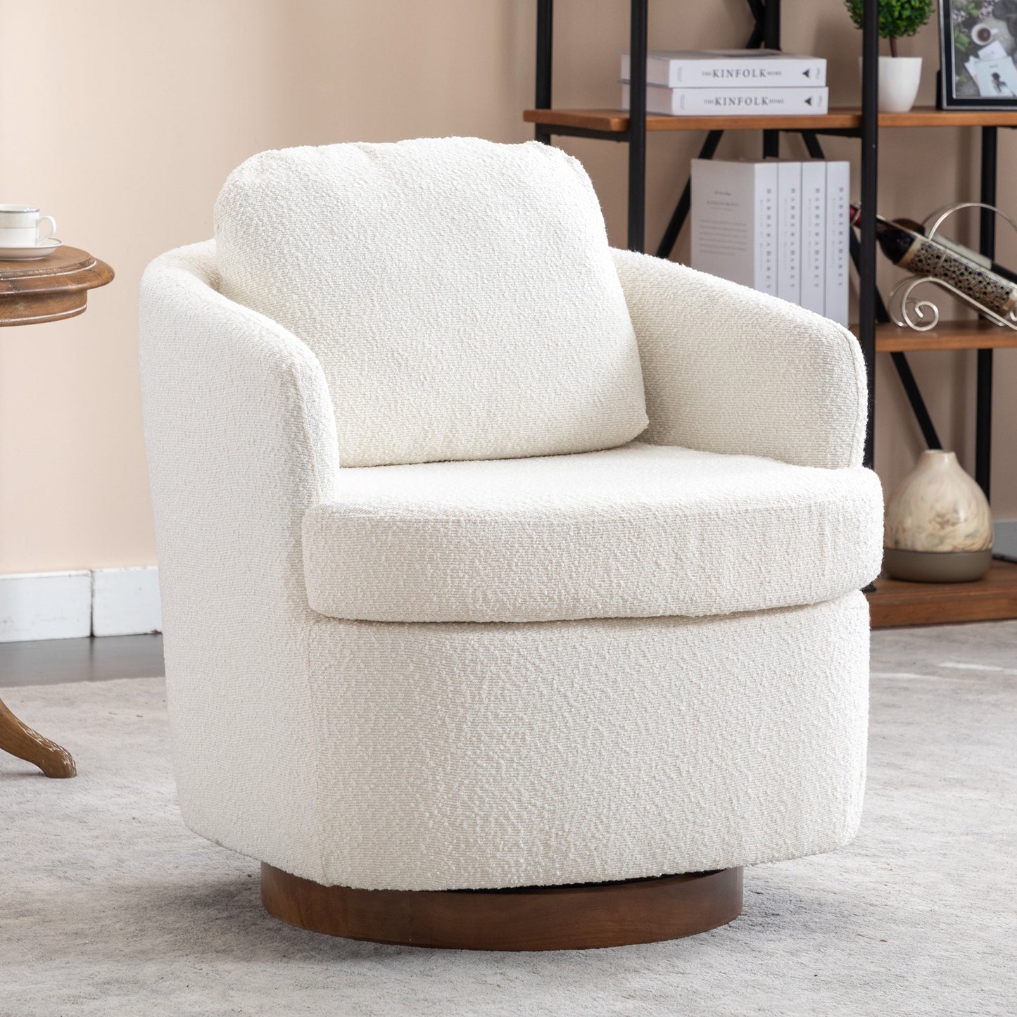 Barley Boucle Upholstered Swivel Accent Chair with Wooden Base - Off-White