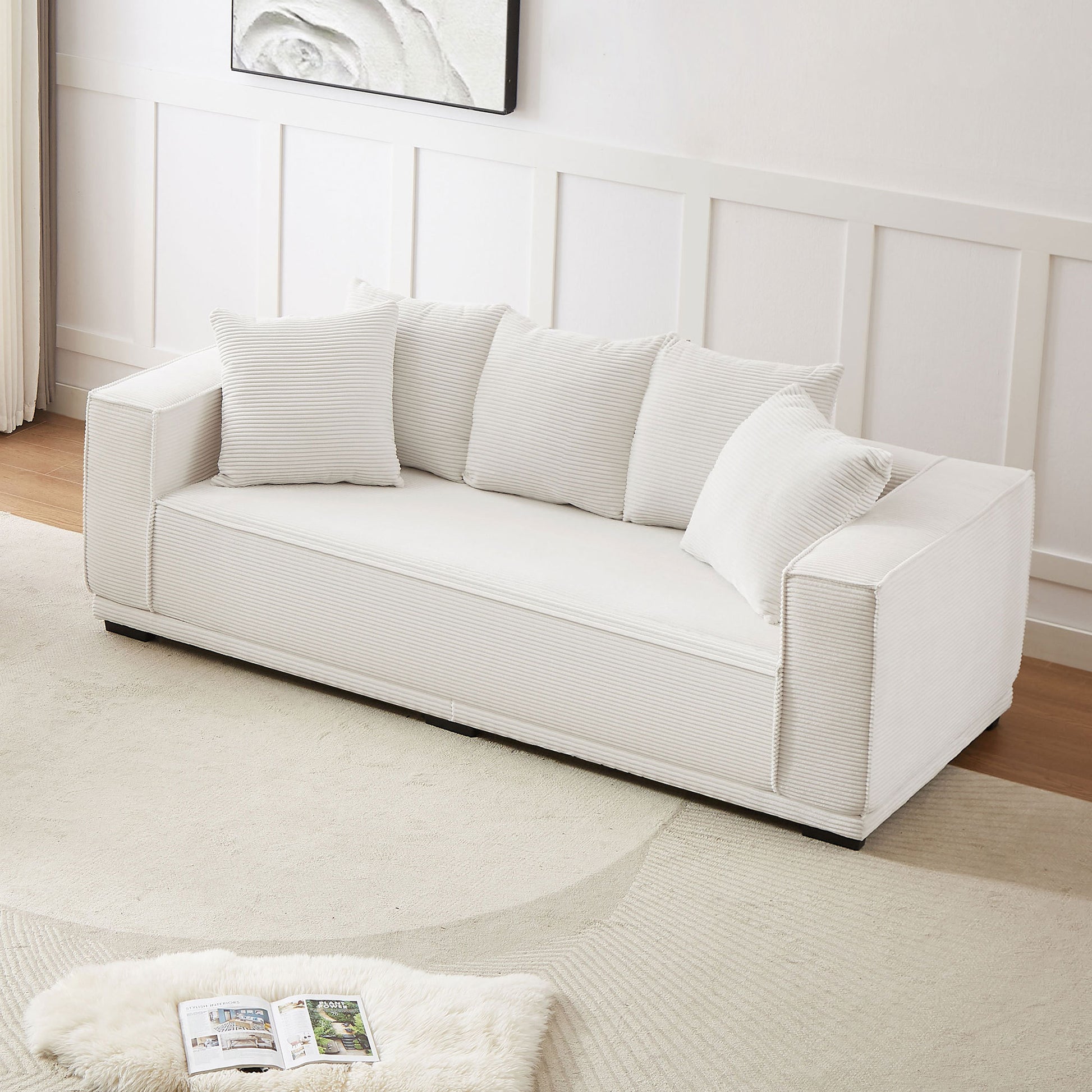 Magnus 88.97inch Corduroy Sofa with 5 Matching Toss Pillows, Off White