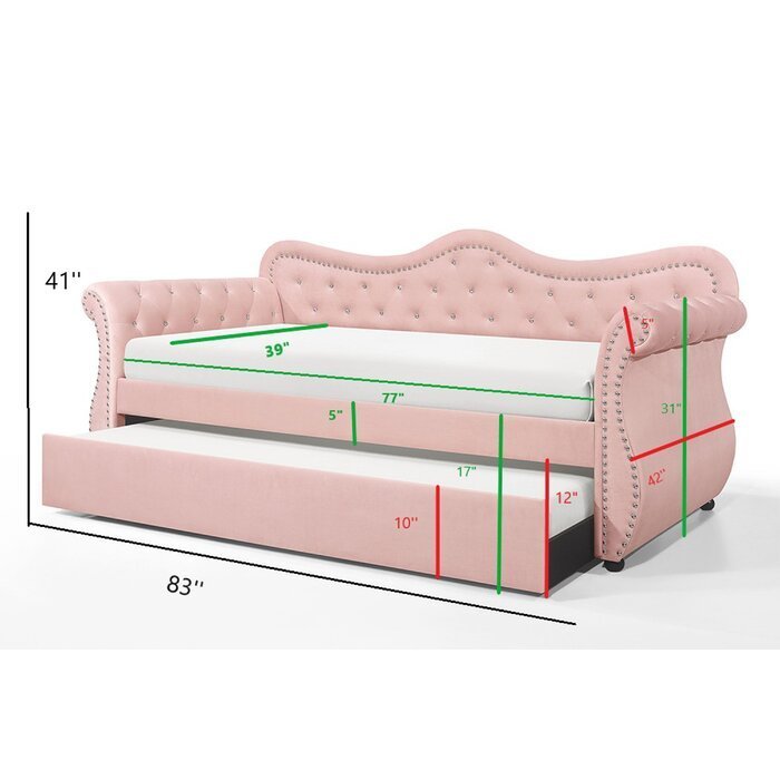 Galaxy Home Abby Upholstered Velvet Wood Daybed with Trundle in Pink