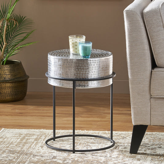 Lennox Modern Hammered Aluminum Side Table, Silver