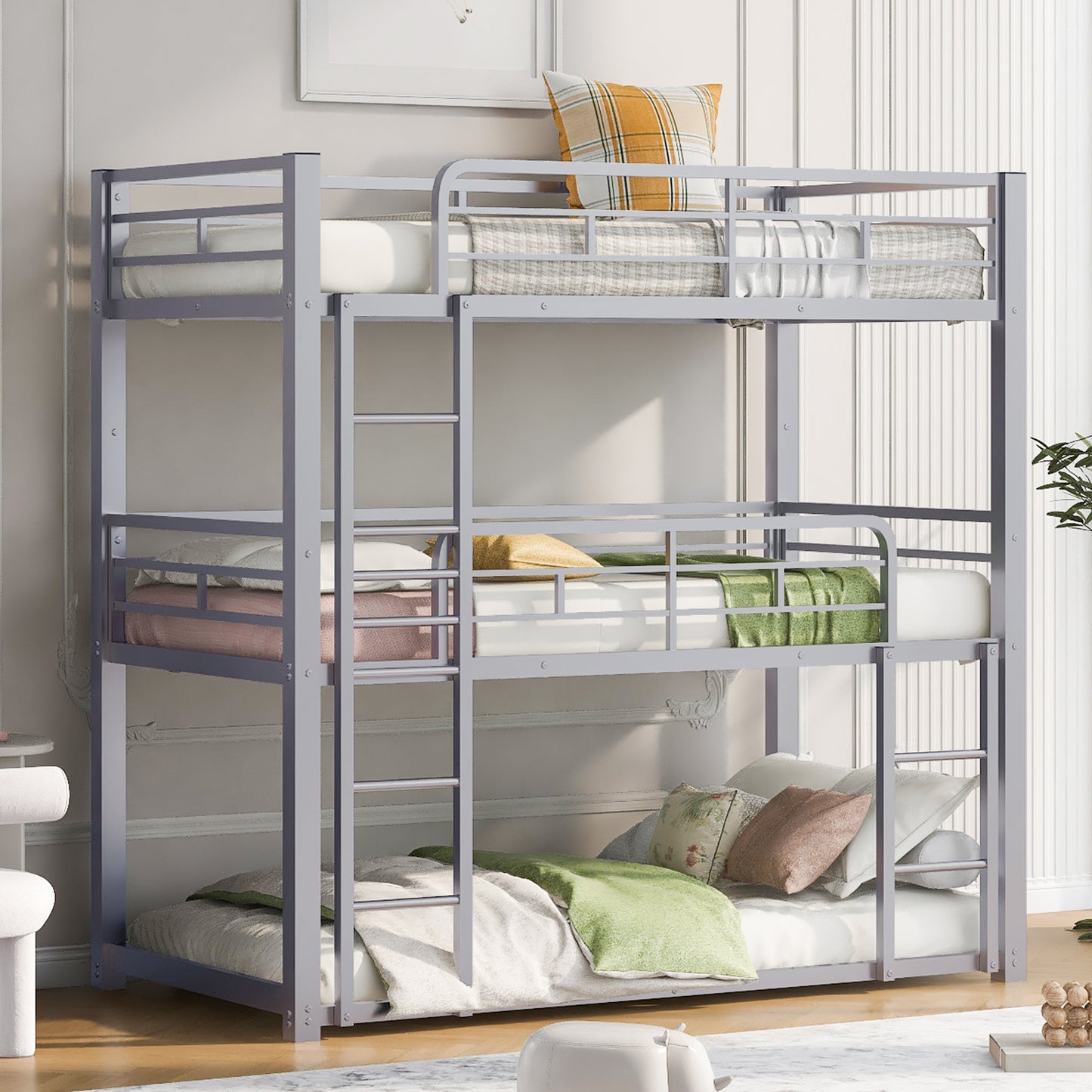 James Twin Size Metal Triple Bunk Bed, Silver