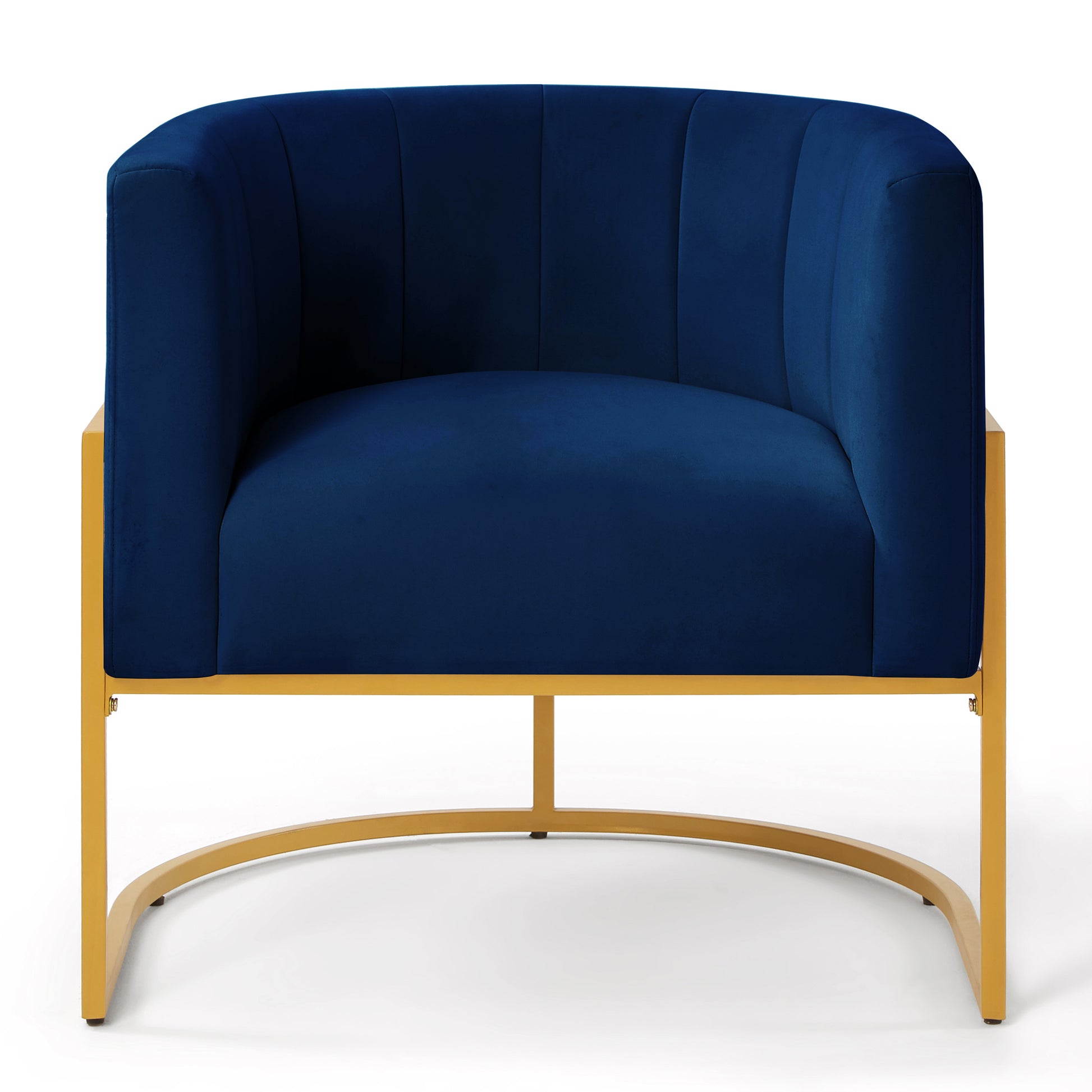 Fern Navy Upholstered Velvet Accent Chair with Golden Metal Stand and Curved Backrest