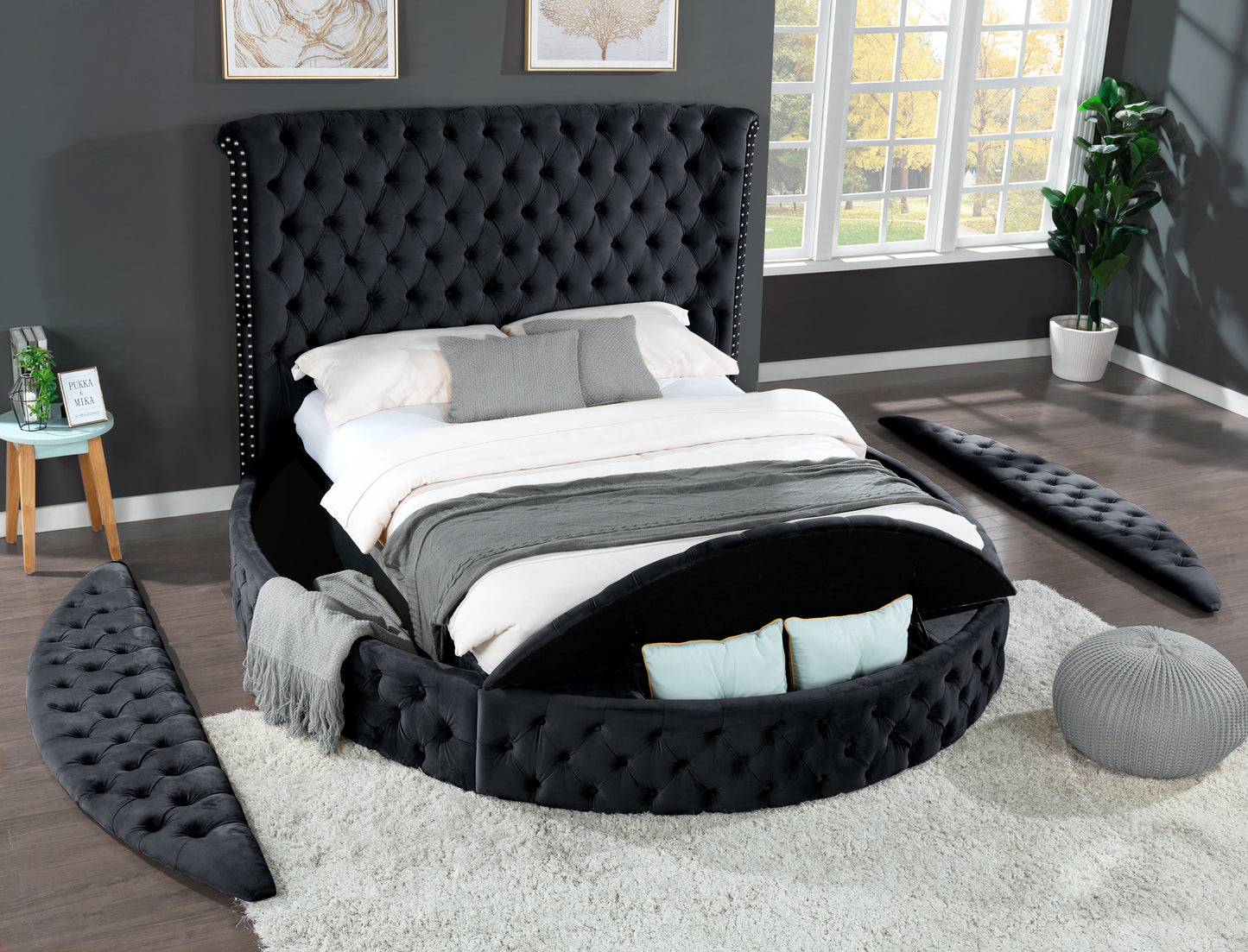 Hazel Contemporary Velvet King Size Storage Bed, Black