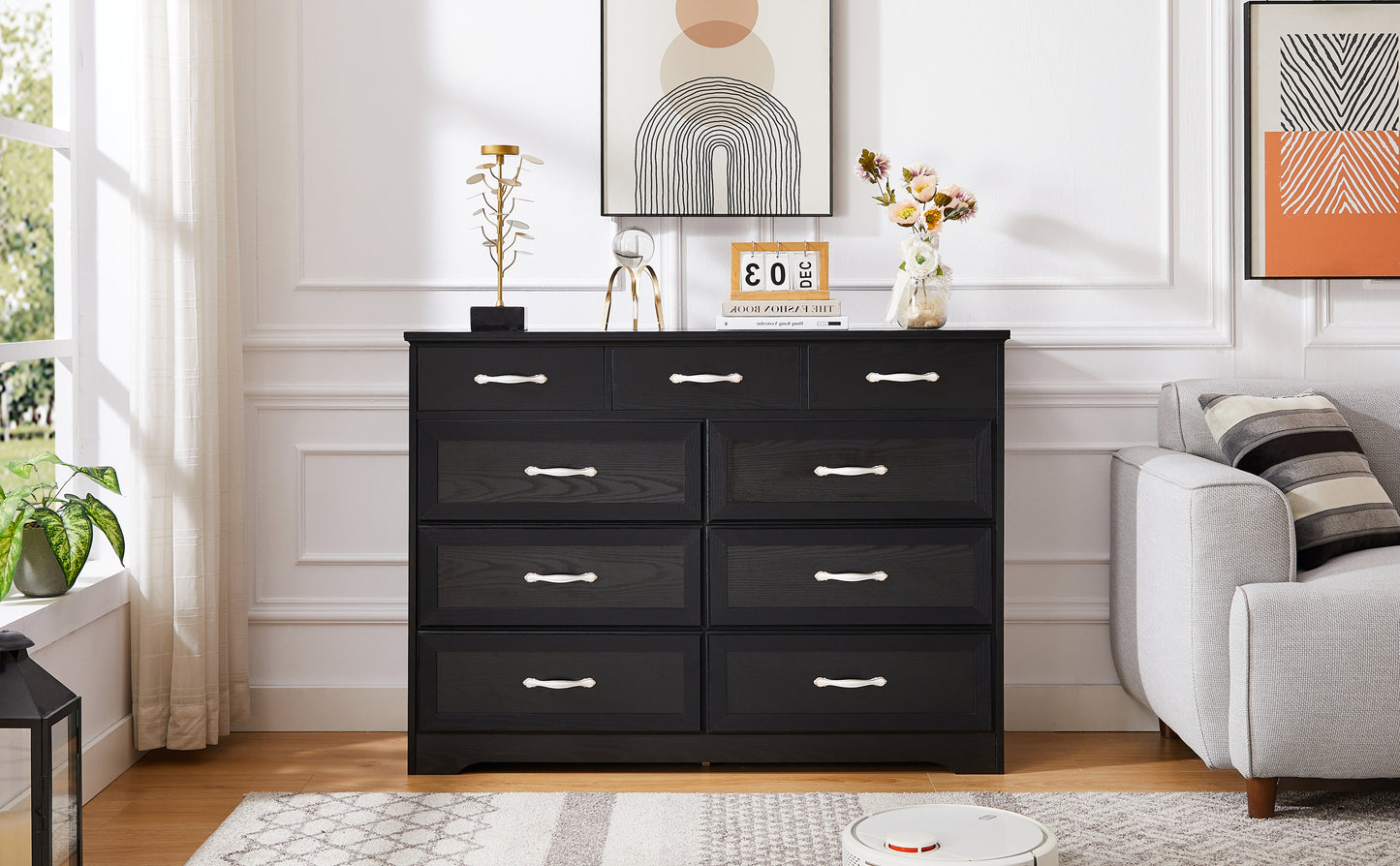 Brant Transitional 9-Drawer White Dresser, Black