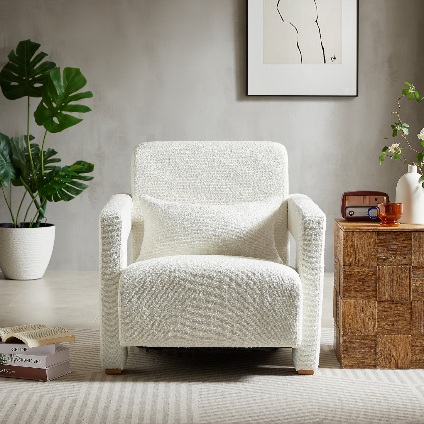 Axel Mid-Century Modern Boucle Arm Chair with Lumbar Pillow, White