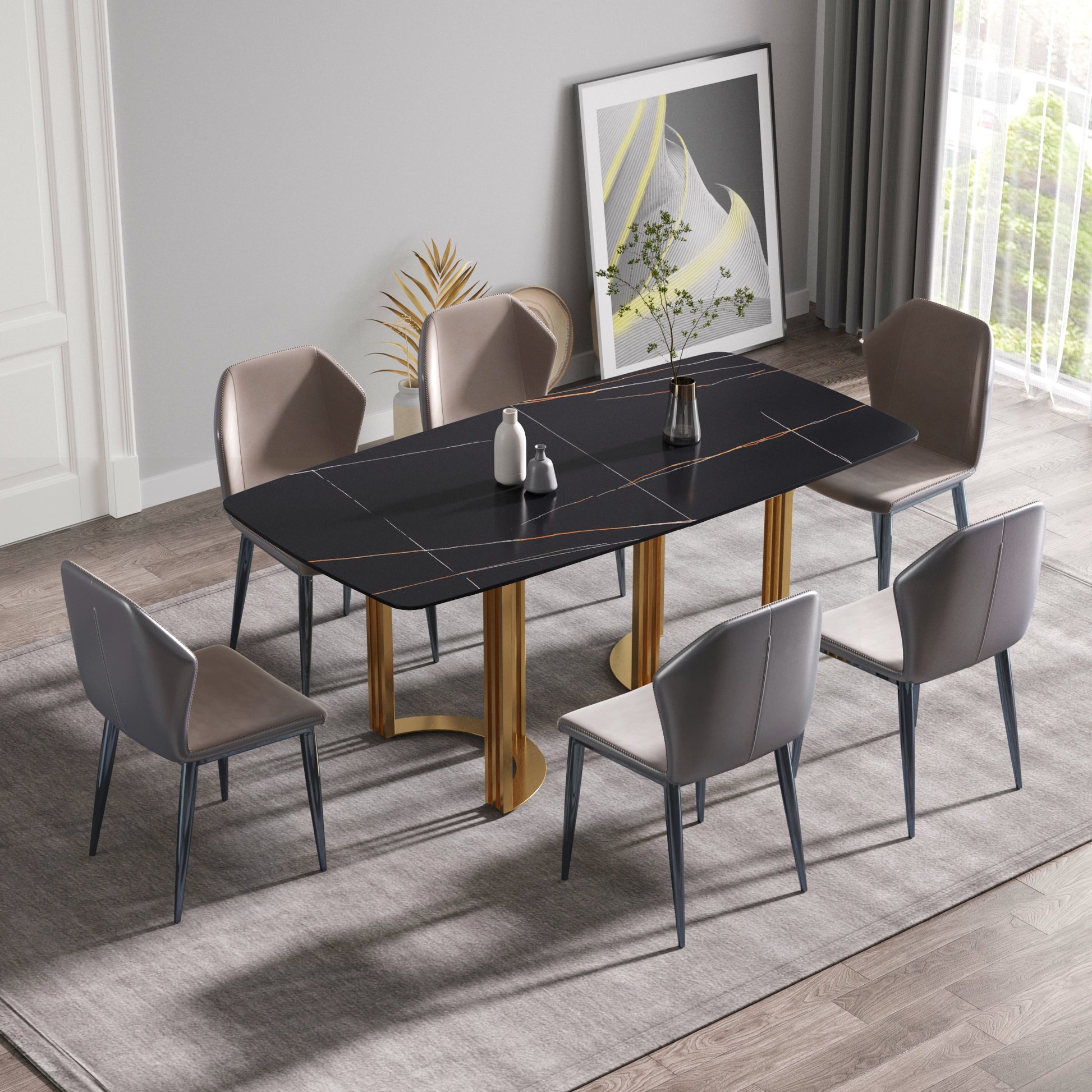 Moto II 70.8" Modern Sintered Stone Dining Table with Gold Base