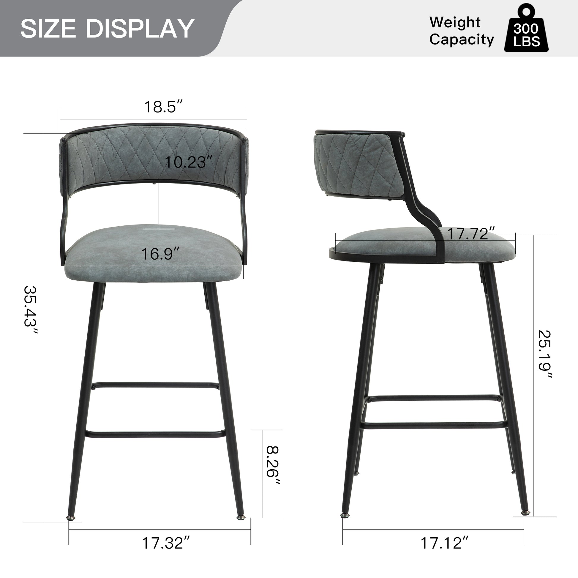 Contemporary 26'' Grey Faux Leather Counter Height Bar Stools with Black Powder-Coated Base and Footrest Set of 2 Grey