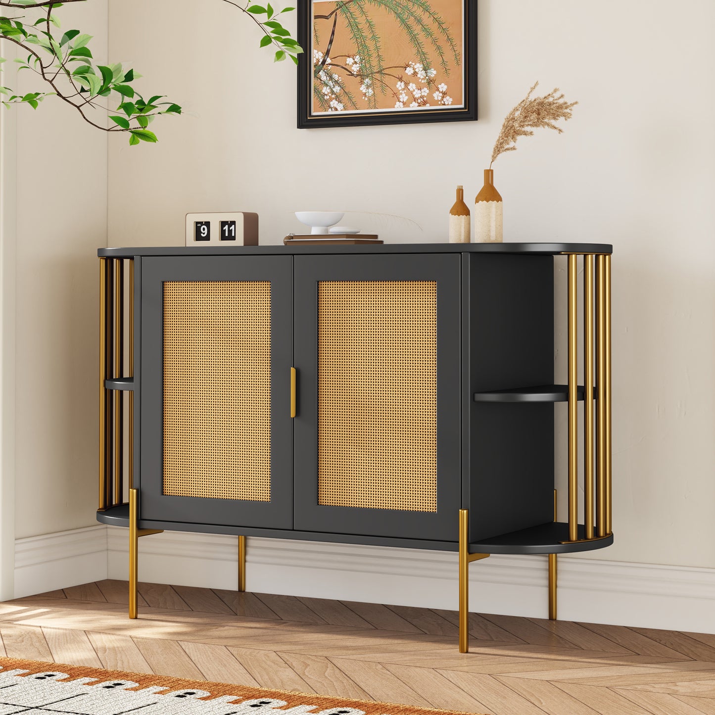 Dinara Elegant Curved Cabinet with Gold Trim & Rattan Doors, Black