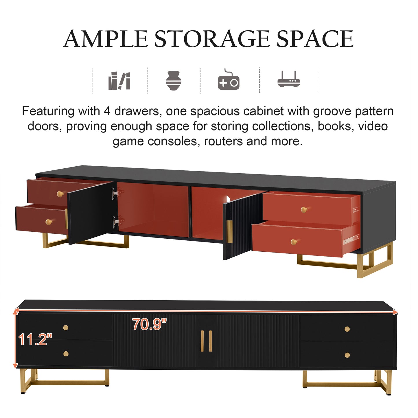 Hazel 71' Modern TV Stand with Gold Legs, Black