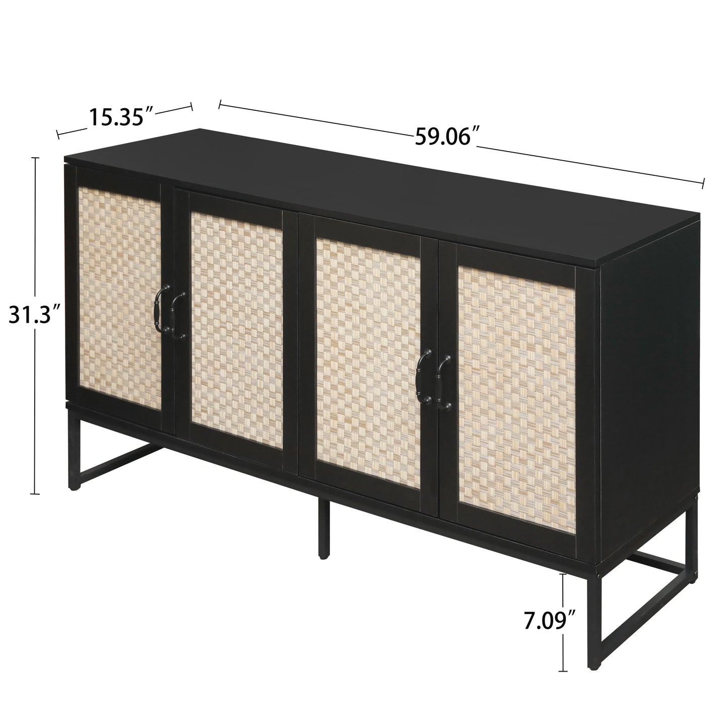 Dorothy 4-Door Cabinet in Black with Natural Rattan Doors