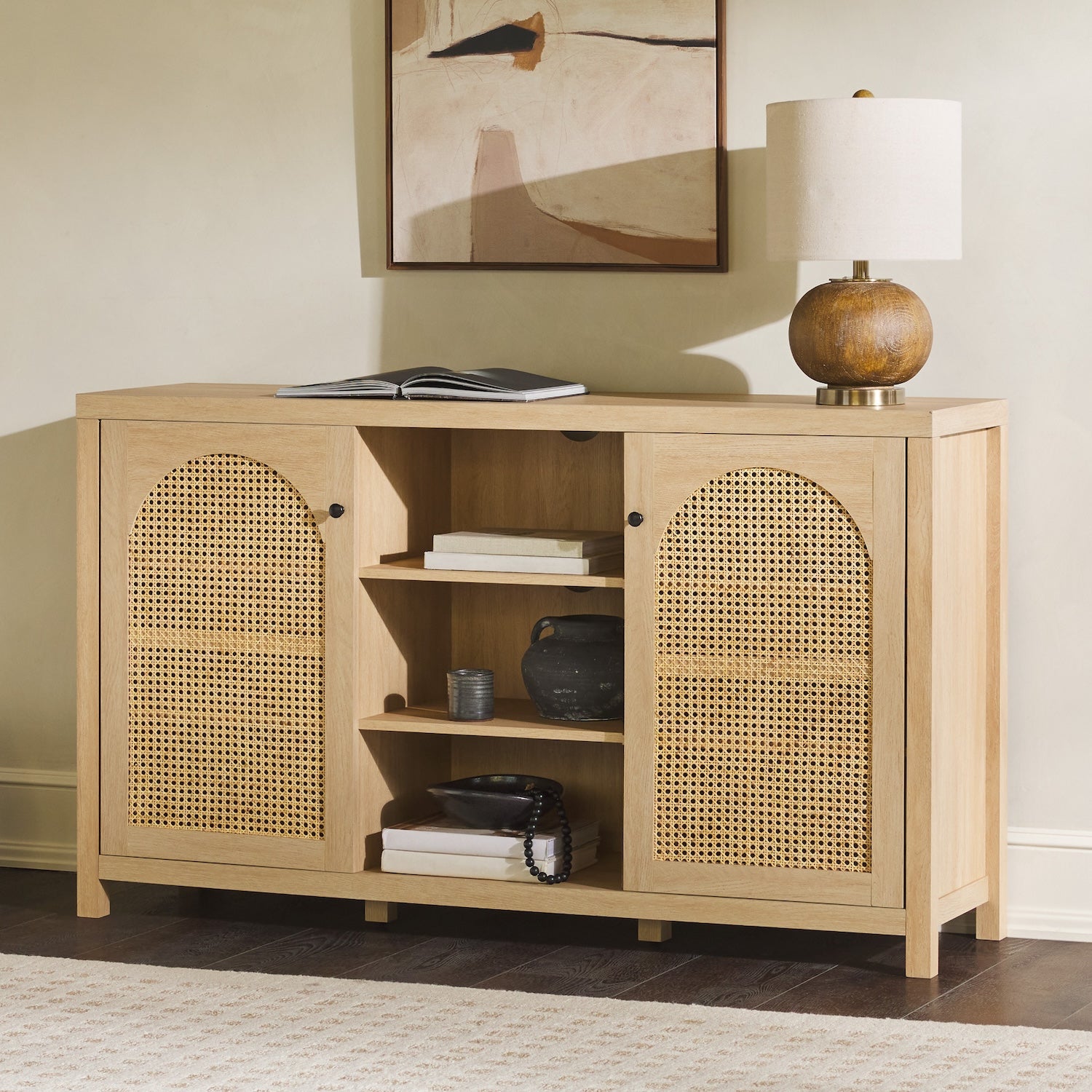 Elevateo Transitional 58" 2-Door Sideboard with Arched Rattan Panels, Light Brown