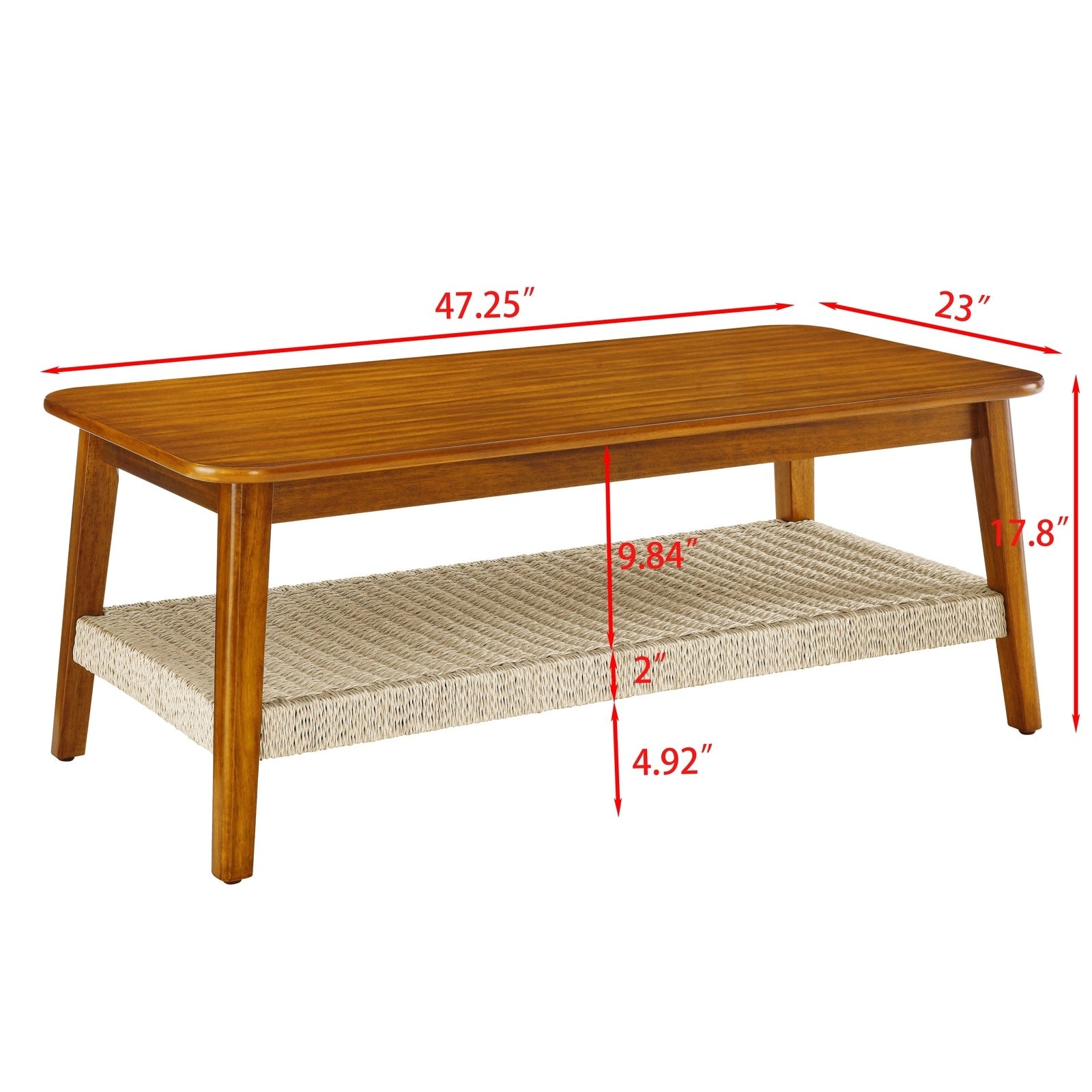 Gretta Mid-Century Modern Coffee Table with Woven Bottom Shelf, Walnut