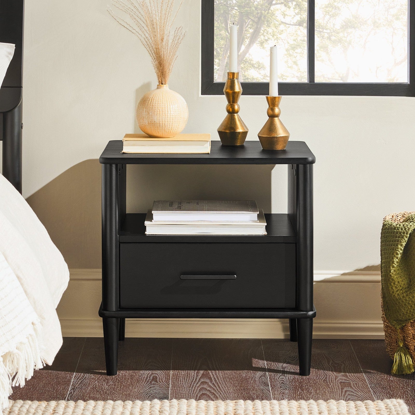 Camilla Transitional Solid Wood Spindle Nightstand – Black