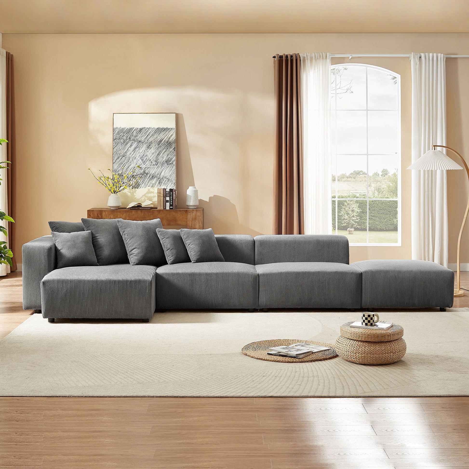 Garrick Modern Corduroy Upholstered 4-Piece Modular Sectional, Gray