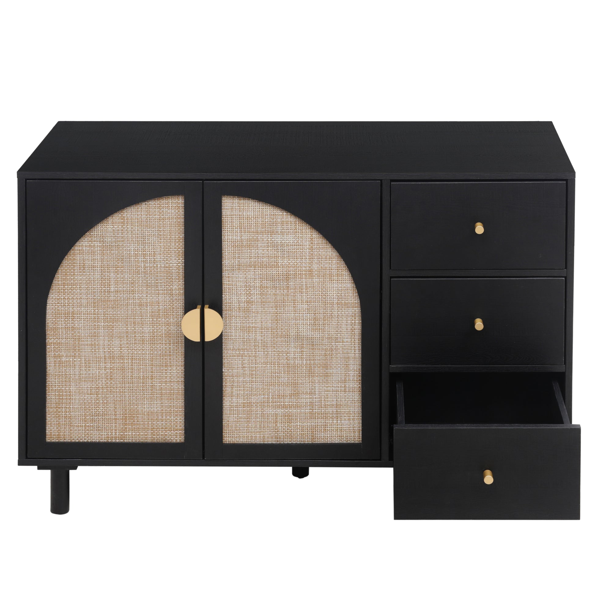 Rune Mid-Century Modern Cabinet with Rattan Doors, Black