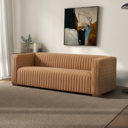 Elara Modern Channel Tufted Velvet Sofa, Mocha