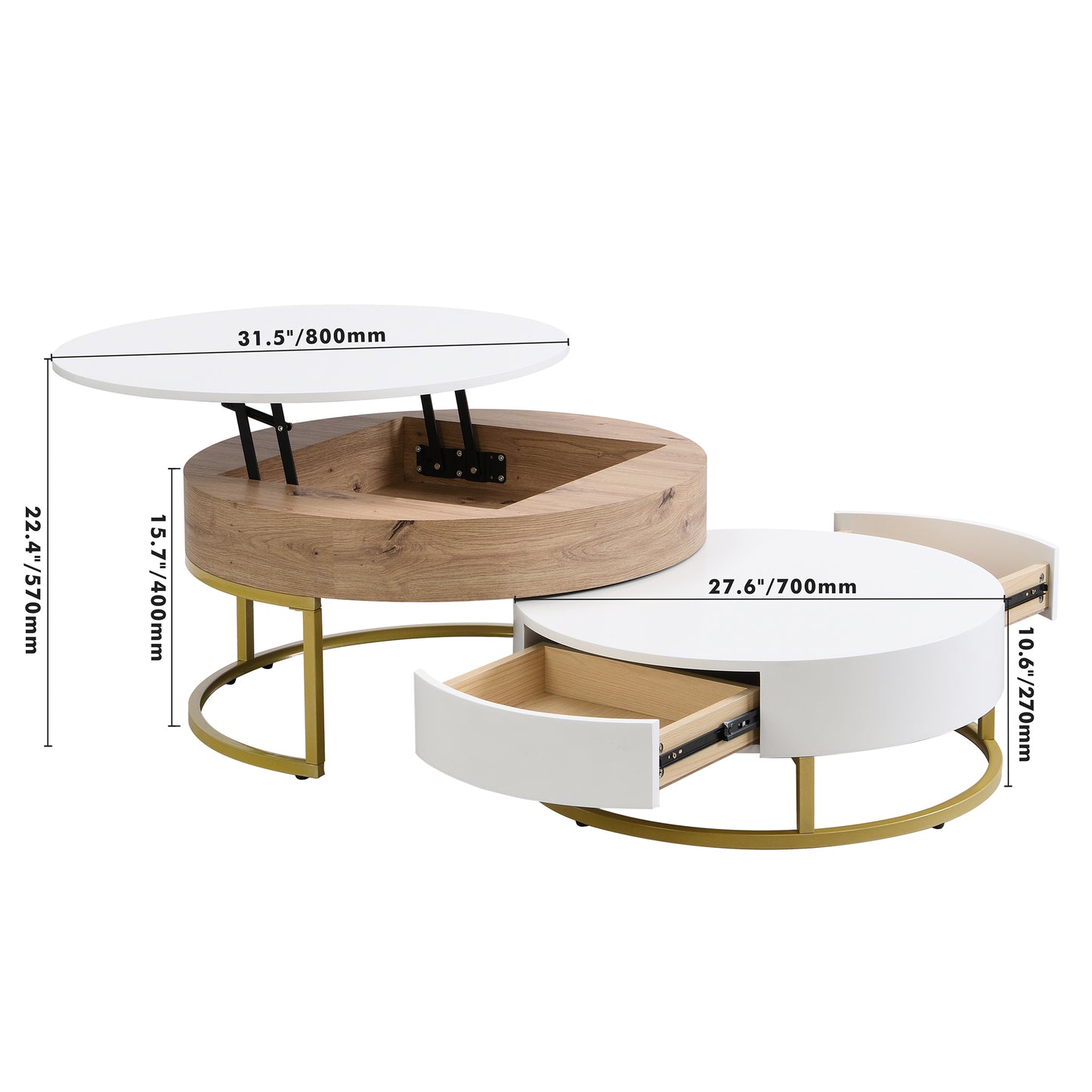 Nerys Modern Round Lift-top Nesting Coffee Tables with 2 Drawers White & Natural