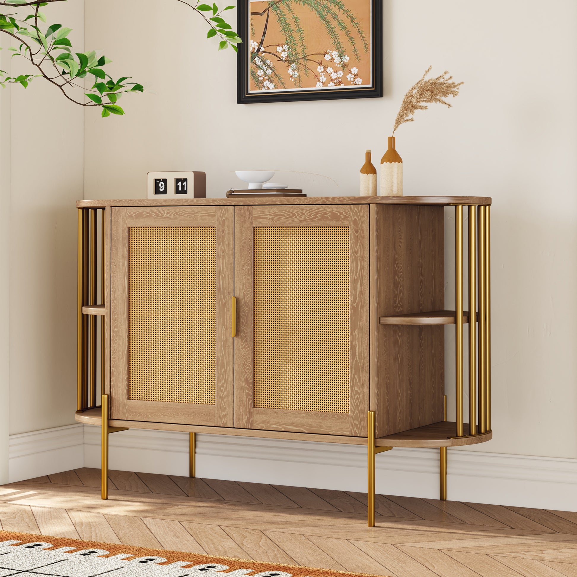 Dinara Elegant Curved Cabinet with Gold Trim & Rattan Doors, Natural