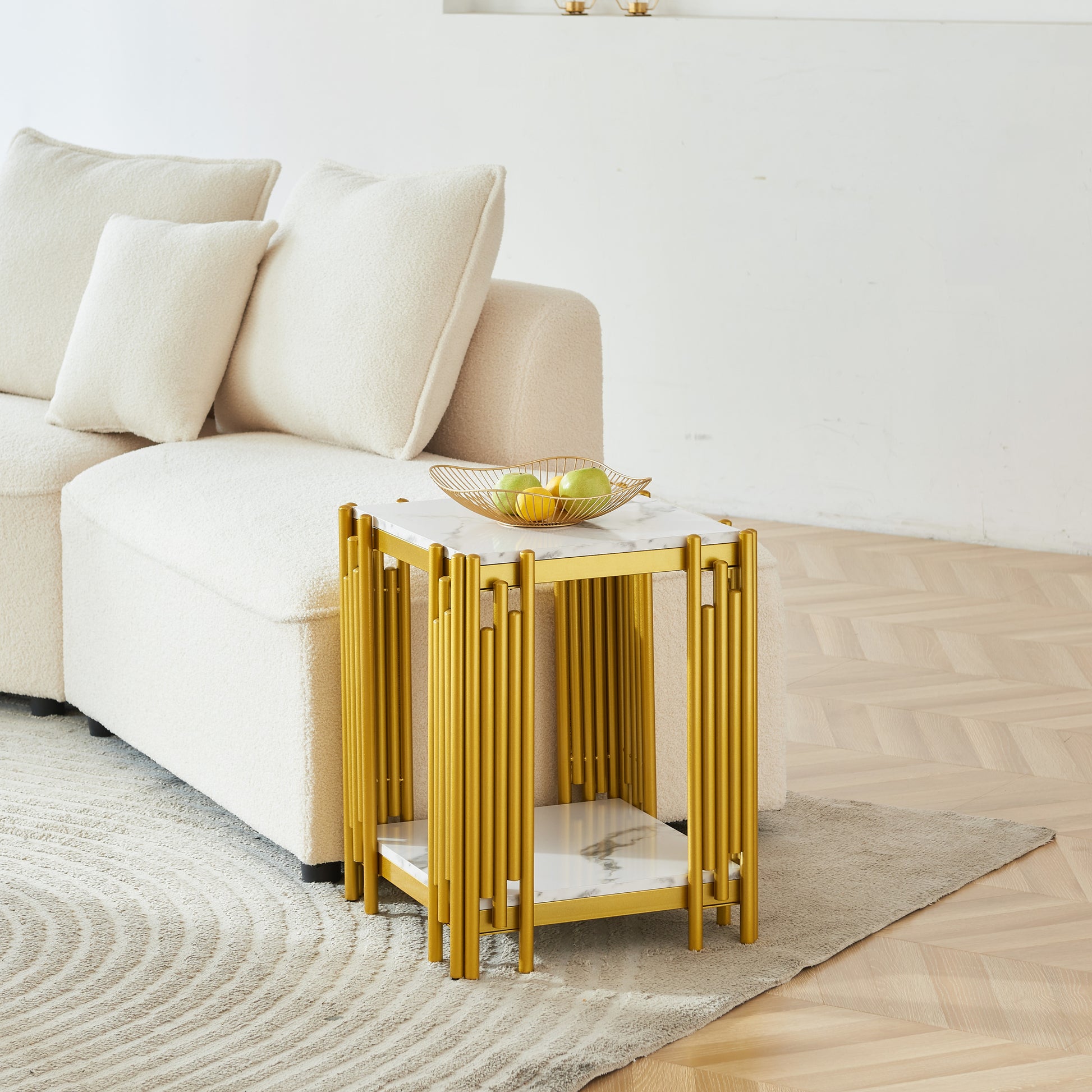 Juno Modern Round Faux Marble Side Table, Gold & White