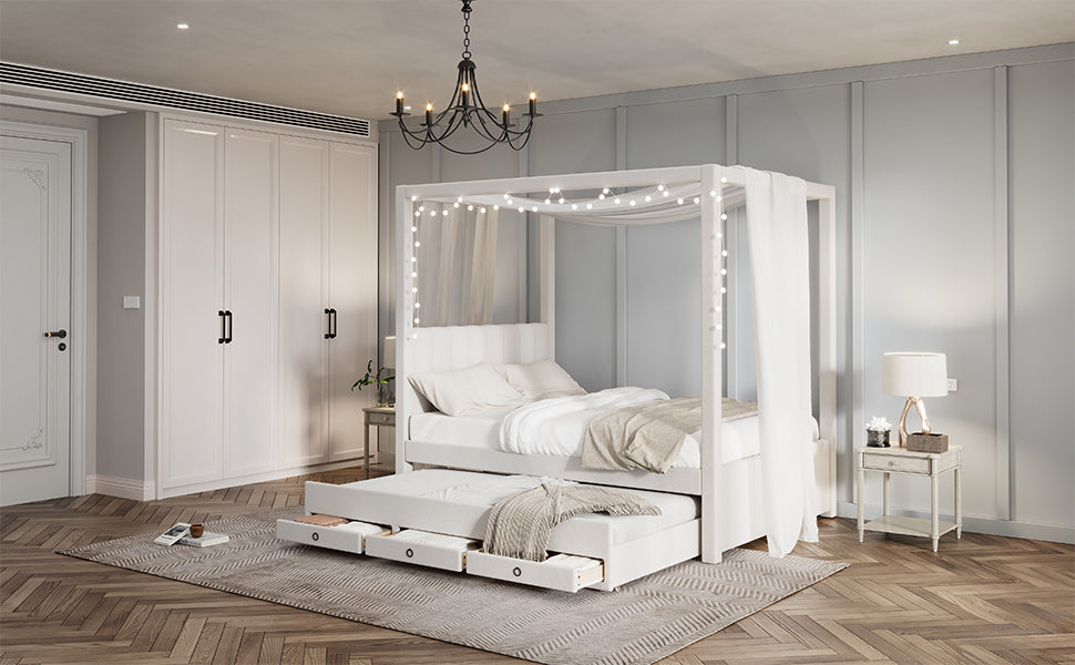 Nami Canopy Platform Bed with Trundle and Three Storage Drawers, Beige