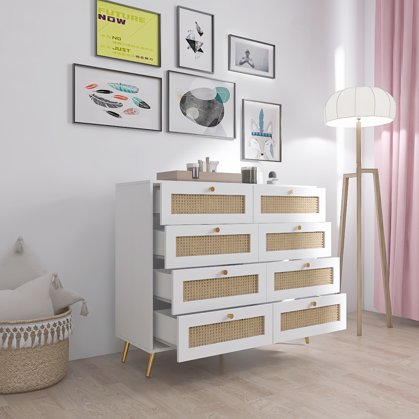 Whitney 8-Drawer Dresser with Rattan Drawer Fronts & Gold Legs