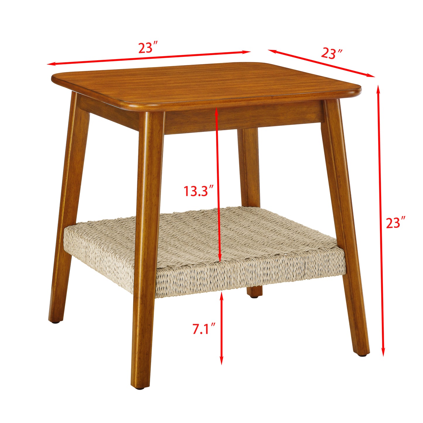 Gretta Mid-Century Modern Side Table with Woven Shelf, Walnut