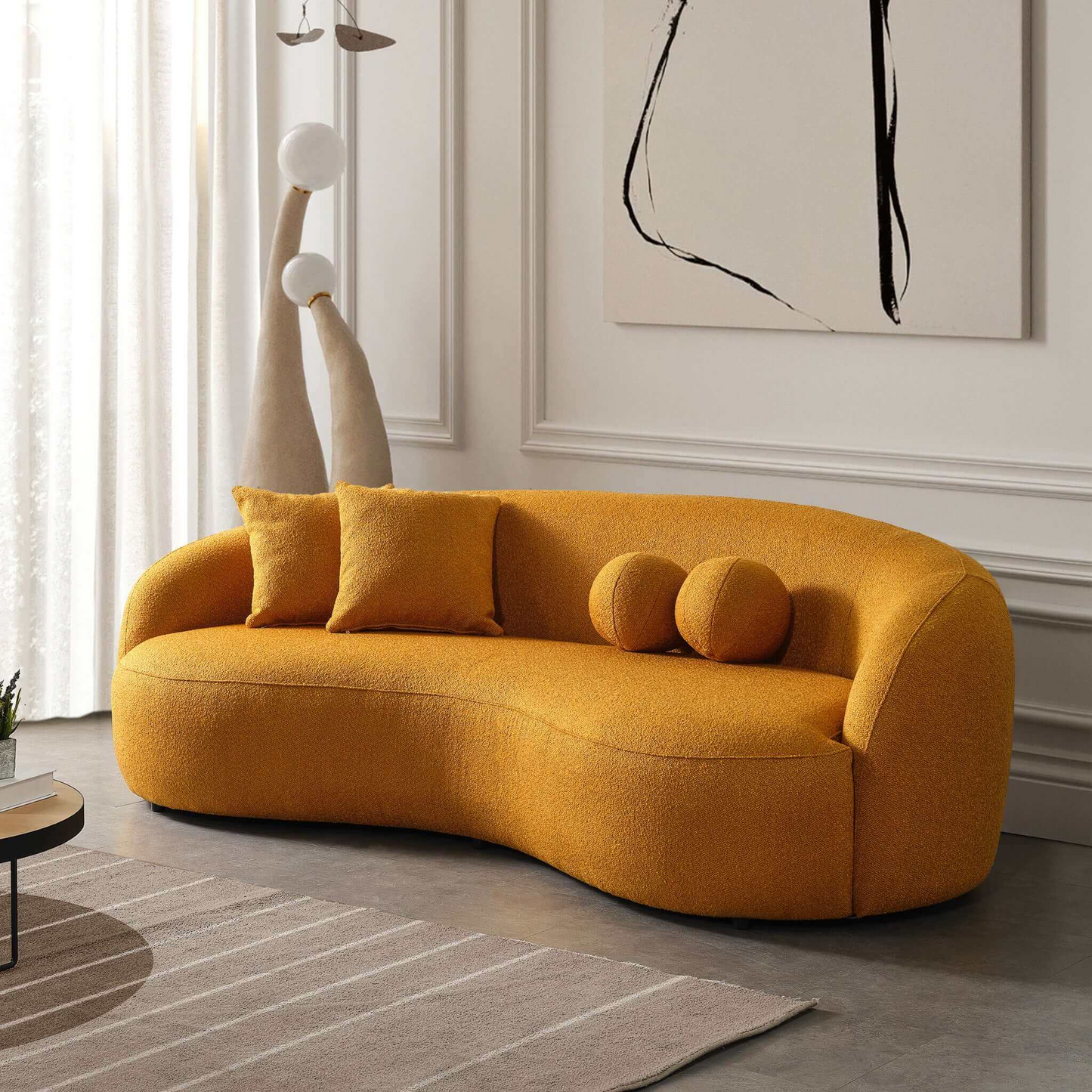 Drake Japandi Style Curvy Boucle Sofa, Yellow