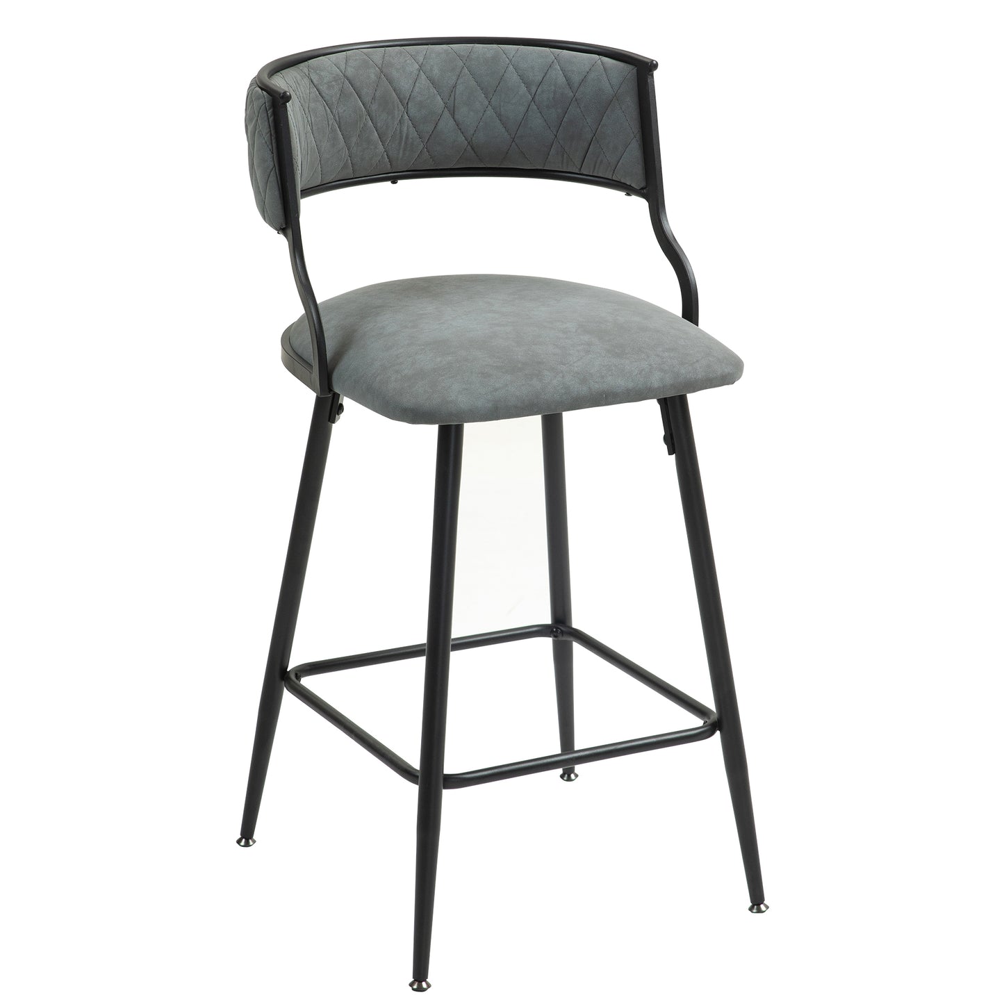 Contemporary 26'' Grey Faux Leather Counter Height Bar Stools with Black Powder-Coated Base and Footrest Set of 2 Grey